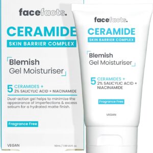 About this item 5 Ceramides + Salicylic Acid + Niacinamide Lock in hydration with our lightweight Ceramide Blemish Gel Moisturiser Formulated with our skin barrier complex of 5 Ceramides, Salicylic Acid & Niacinamide, our moisturiser helps soothe and strengthen the skin barrier This product works to prevent moisture loss and diminish the appearance of excess sebum to promote a healthy, matte skin finish Vegan Friendly & Fragrance Free