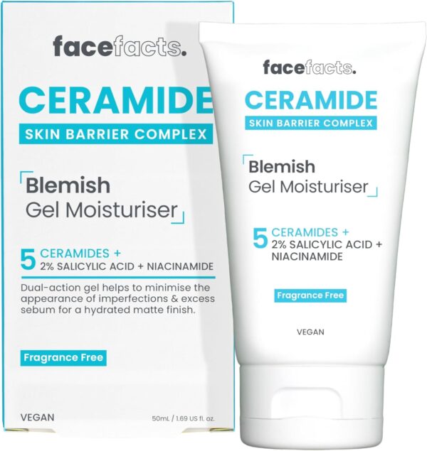 About this item 5 Ceramides + Salicylic Acid + Niacinamide Lock in hydration with our lightweight Ceramide Blemish Gel Moisturiser Formulated with our skin barrier complex of 5 Ceramides, Salicylic Acid & Niacinamide, our moisturiser helps soothe and strengthen the skin barrier This product works to prevent moisture loss and diminish the appearance of excess sebum to promote a healthy, matte skin finish Vegan Friendly & Fragrance Free