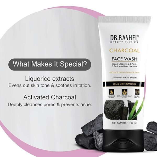DR.RASHEL Charcoal Face Wash Deep Cleansing & Anti-Polltion with Active Cool with No Parabens, SLS, Silicones & Colour (100 ml) - Image 5