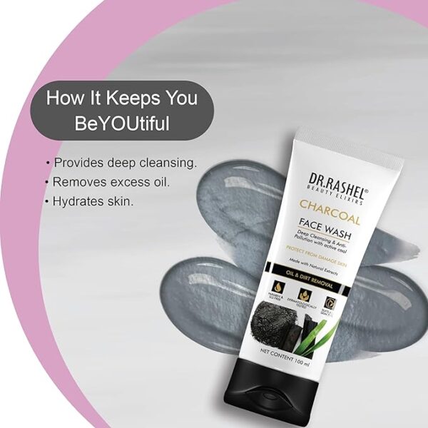 DR.RASHEL Charcoal Face Wash Deep Cleansing & Anti-Polltion with Active Cool with No Parabens, SLS, Silicones & Colour (100 ml) - Image 2